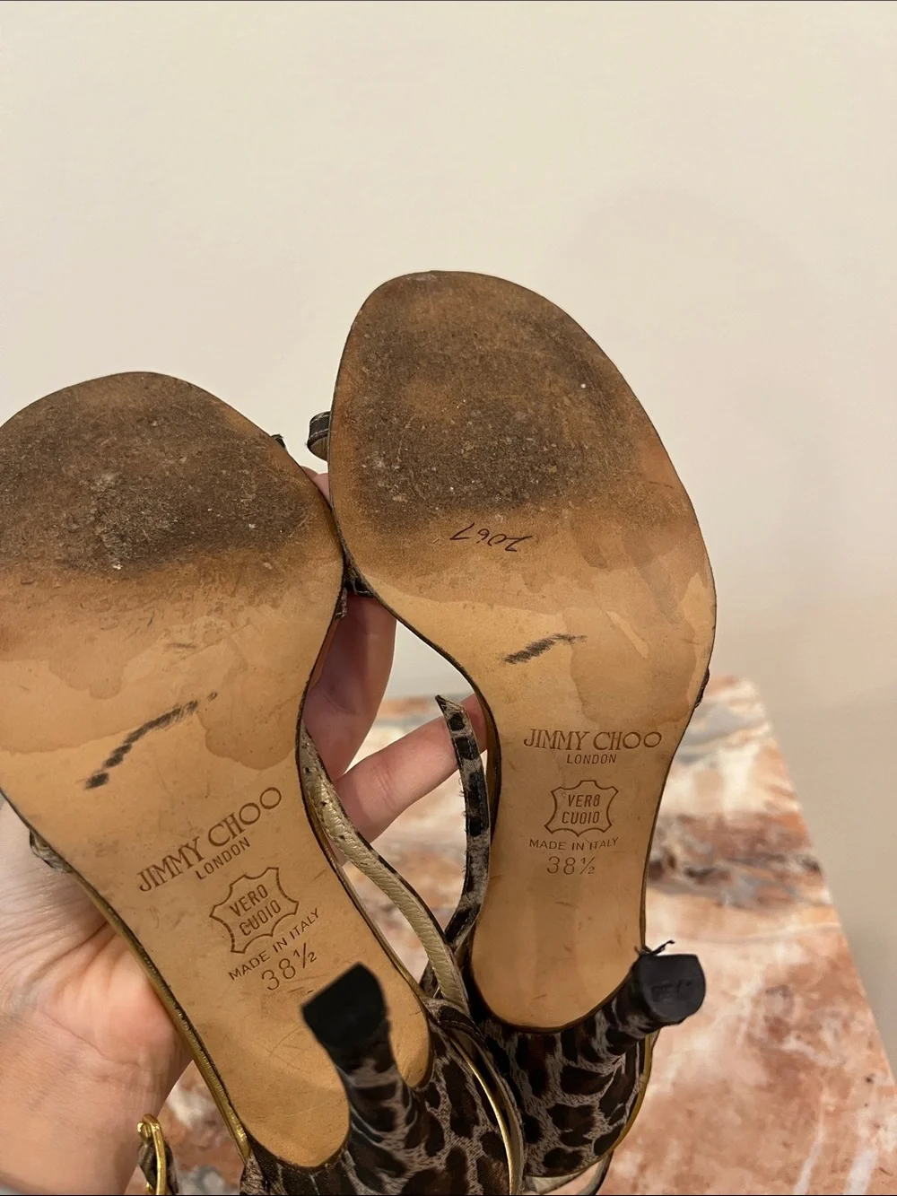 Jimmy Choo Gold and Brown Patterned Strappy Sandals